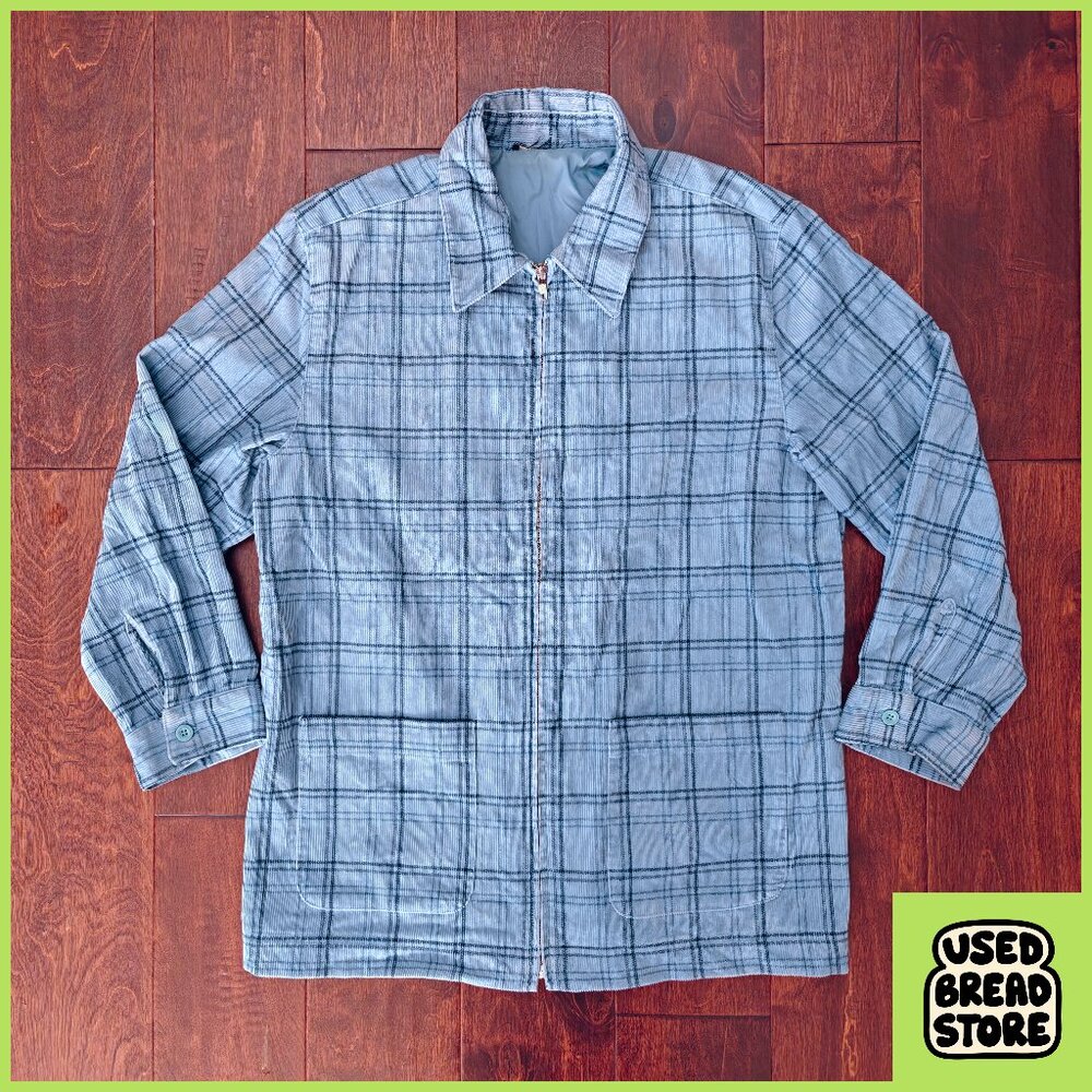 Vintage Mens XL Corduroy Collared Lined Jacket Chore Coat Blue Plaid Zip Pockets